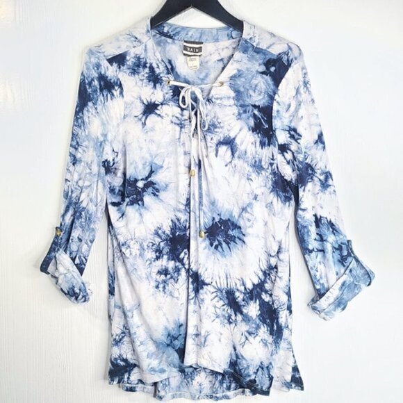RAIN Rayon Blue Tie Dye Roll Tab Sleeve Top - Picture 1 of 4